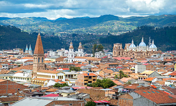 View of the city of Cuenca, Ecuador, with it's many churches and rooftops, on a cloudy day