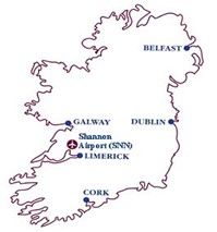 Map showing location of Shannon Airport (SNN), just northwest of Limerick.