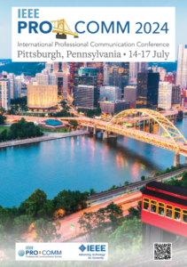 Color image of the cover of the IEEE ProComm 2024 Conference Program. Shows an image of Pittsburg, the river, a bridge, and a cog train.